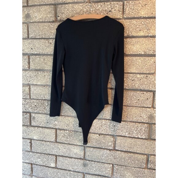 Black Long-Sleeve V-Neck Bodysuit By Leith Size M Stretch Fabric - Picture 5 of 6